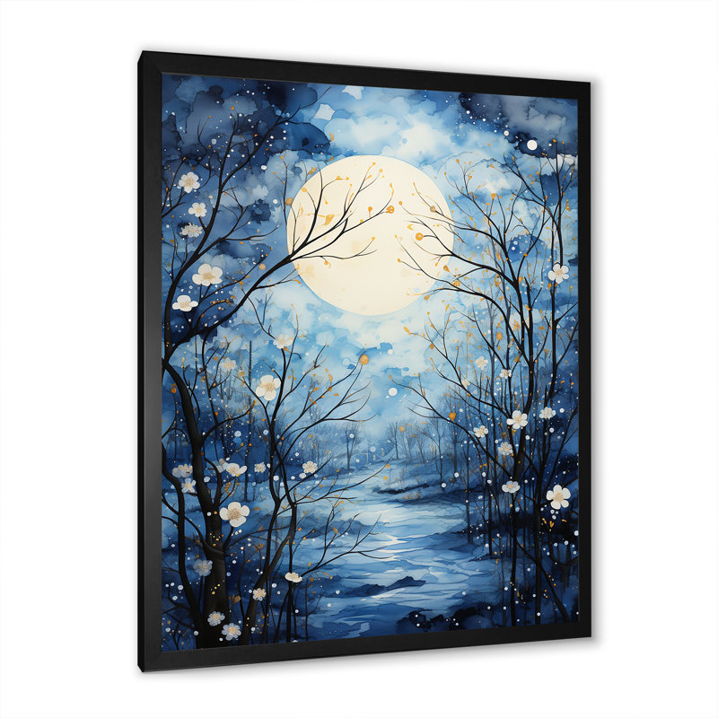Bleu, bleu, arbre, clair de lune, silhouette I - paysage, arbres, art mural, salon, Cadre photo noir