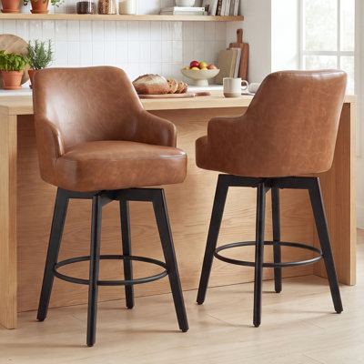 Modern Swivel Bar Stool with Arms, Upholstered Counter Height Chair, Metal Legs, Chenille/PU Leather Seat for Kitchen Island