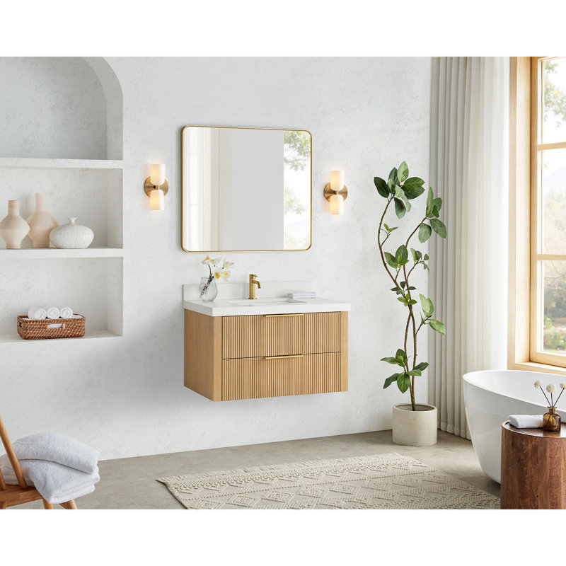 Meuble-lavabo flottant simple 36 po Barcelona, Gris cendré délavé / or brossé, 36"