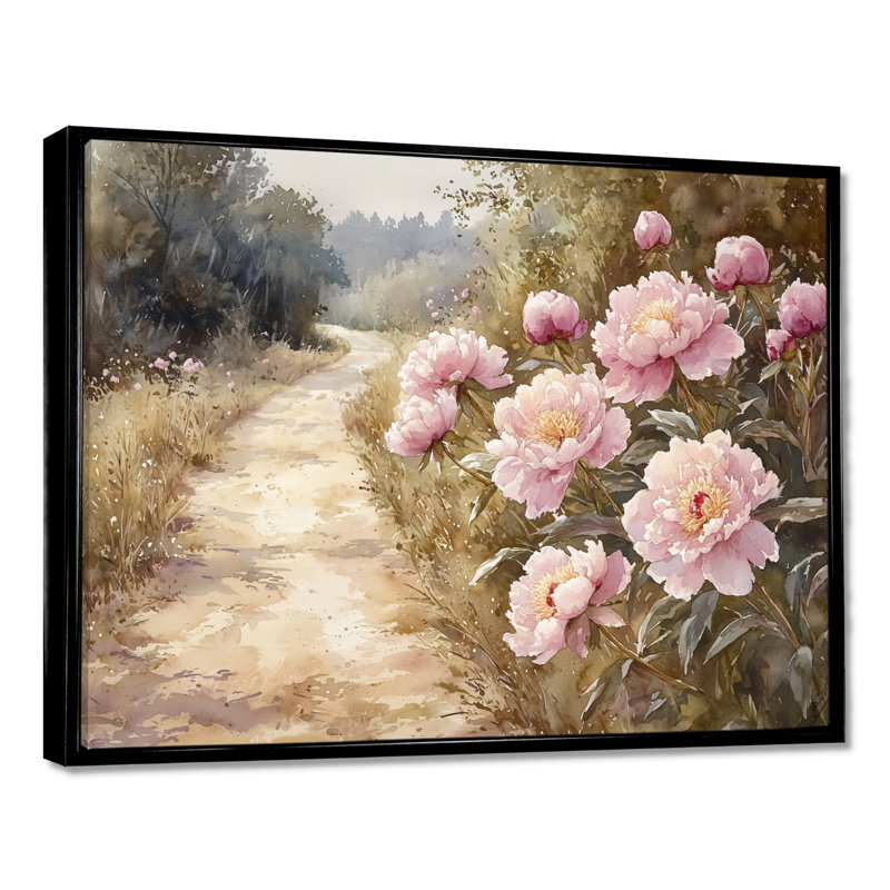 Pivoines le long de l'allée de la ferme II - pivoines, art mural, H 24 po x l 32 po, Reproduction avec cadre flottant, Noir