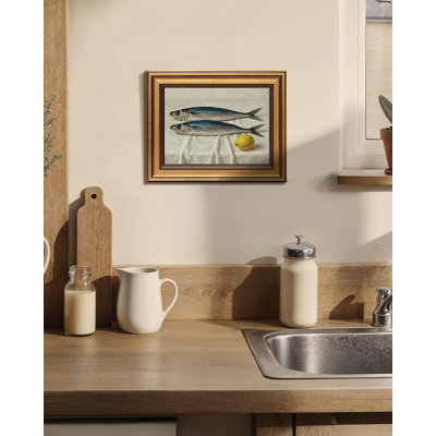 Vintage Fish and Lemon Still Life Framed Wall Art - Gold Framed Rustic Kitchen Oil Painting for Dining Room & Living Room