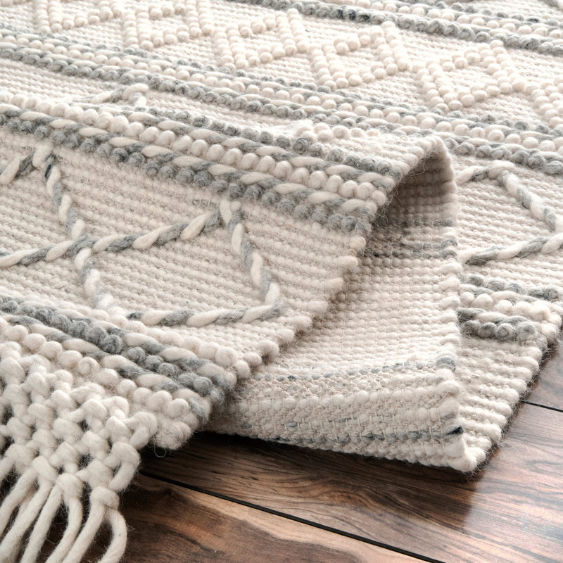 Tapis géométrique tissé à la main ivoire / crème / gris Seger, Rectangle 8 pi 6 po x 11 pi 6 po