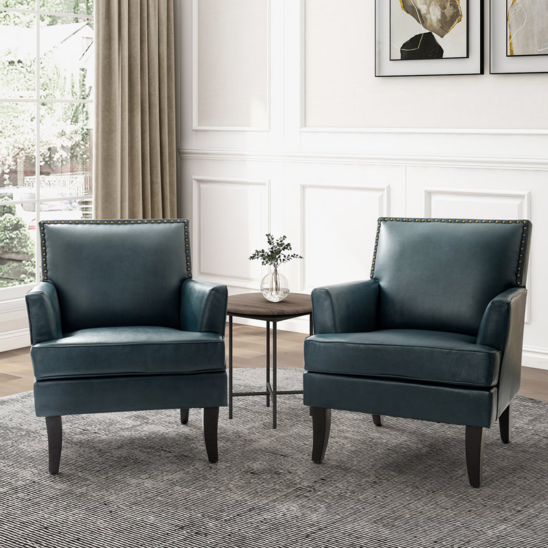 Celadon 27.5'' Wide Faux Leather Armchair with Nailhead Trim and Solid dWoo Legs Set Of 2, Turquoise Faux Leather