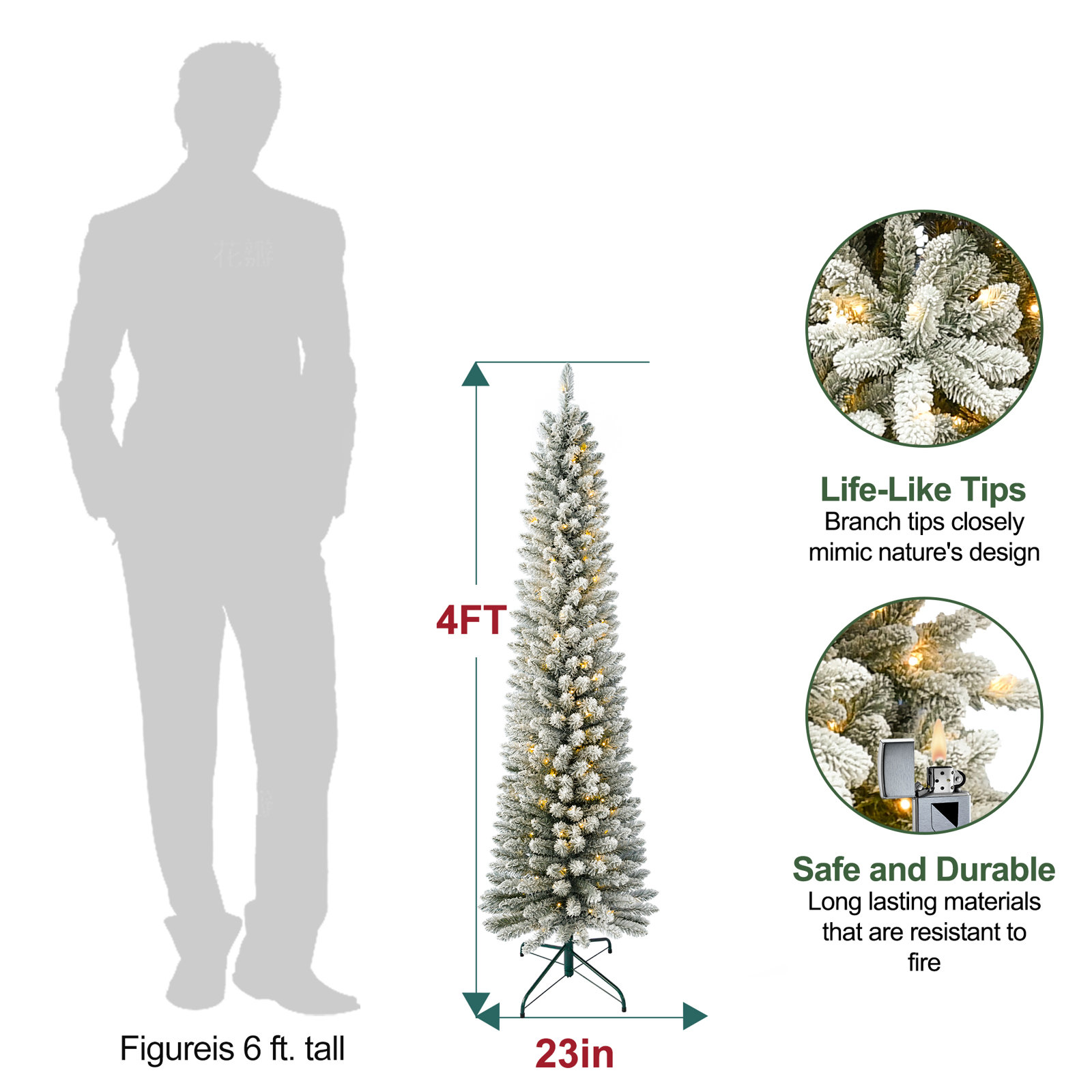 Pre-Lit Flocked Slim Christmas Tree, 4' H