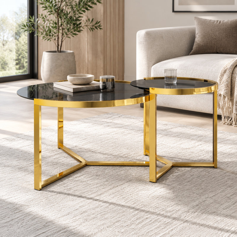 Ensemble de tables basses gigognes avec structure en métal doré, table basse ronde en verre trempé, table centrale moderne et glamour pour salon, 79,6 cm (31,34 po)