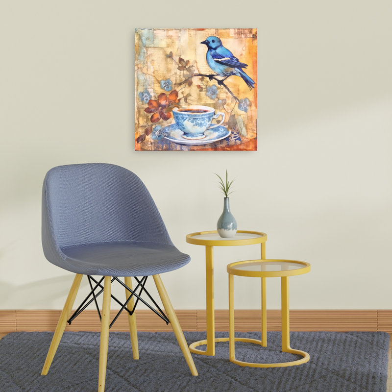 Charming Bluebird Tea Time Contemporary Bird Wall Art Print 1 Piece Wrapped Canvas Wall Art, 60.96cm H x 60.96cm W