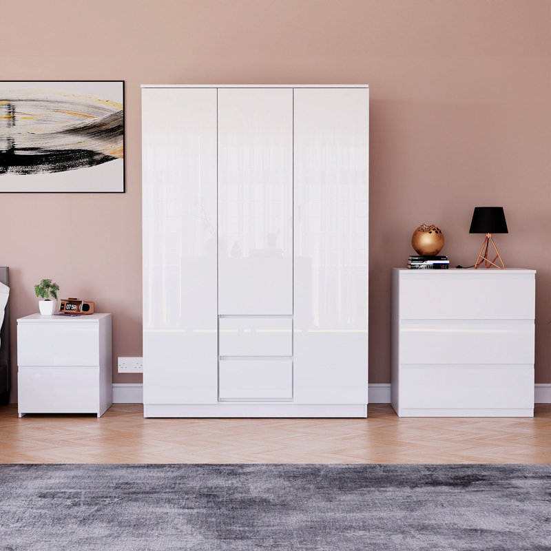 Oslo 3 Piece Bedroom Set (2 Drawer Bedside Chest, 3 Drawer Chest, 3 Door 2 Drawer Wardrobe), (100% FSC), White