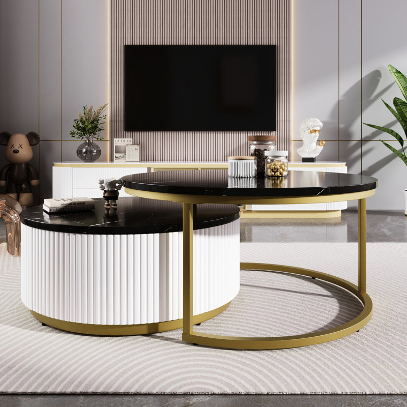 Table basse cannelée moderne avec fonction de nidification et tiroir de rangement au fini rond noir et doré élégant, Noir