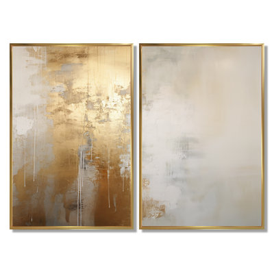 Minimal or et rivière abstraite beige - Northern Lights, art mural, paysages beiges, ensemble de 2 impressions sur toile