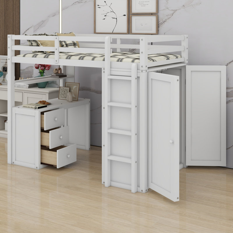 Lit mezzanine tout-en-un avec bureau intégré, tiroirs de rangement et garde-robe