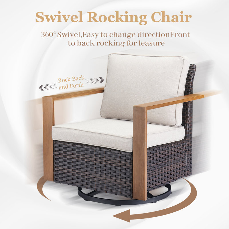 Fauteuils coulissants pivotants 4 pièces avec coussins et accoudoirs uniques en bois Drazen, Brun / Beige