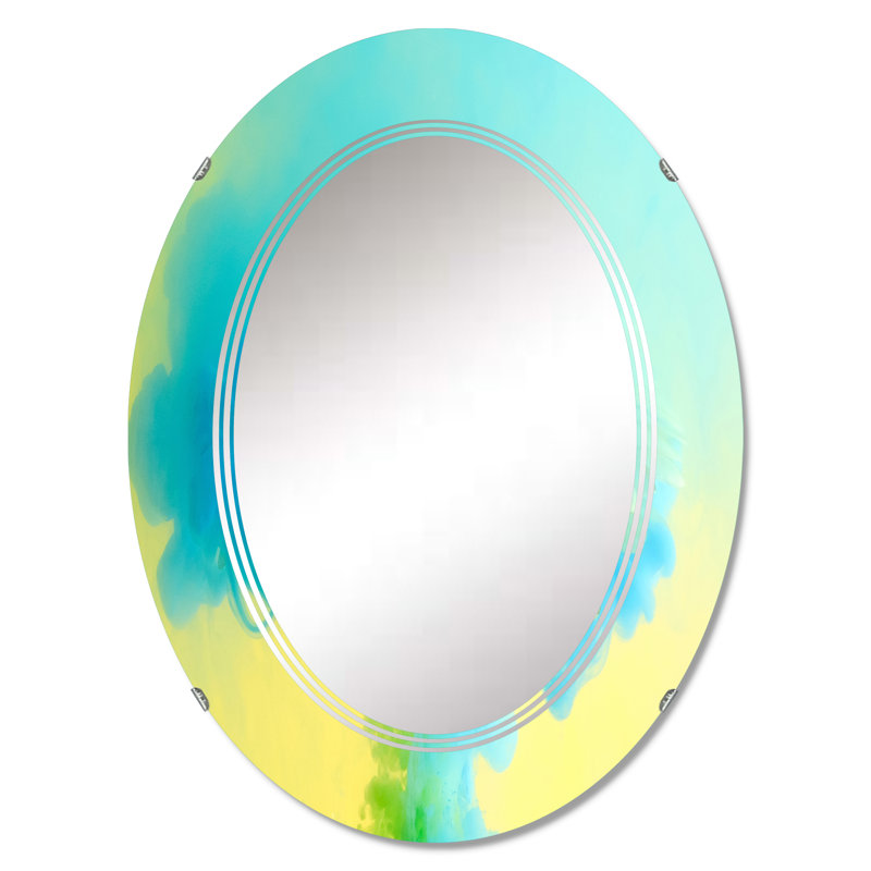 Encre turquoise sur fond jaune - miroir mural moderne ovale, 30 po x 20 po