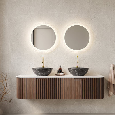 Meuble-lavabo de 60 po avec lavabo et lavabos 60 po, 2 tiroirs, 2 cuves en céramique et un plateau en pierre frittée blanche, noyer foncé pré-assemblé