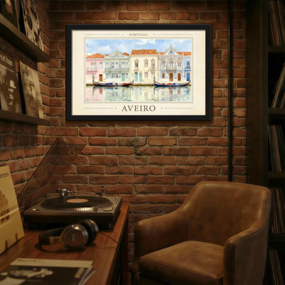 «Scenic & Cityscapes Portugal Aveiro Watercolor Buildings Canal Boat Reflections», reproduction d'art
