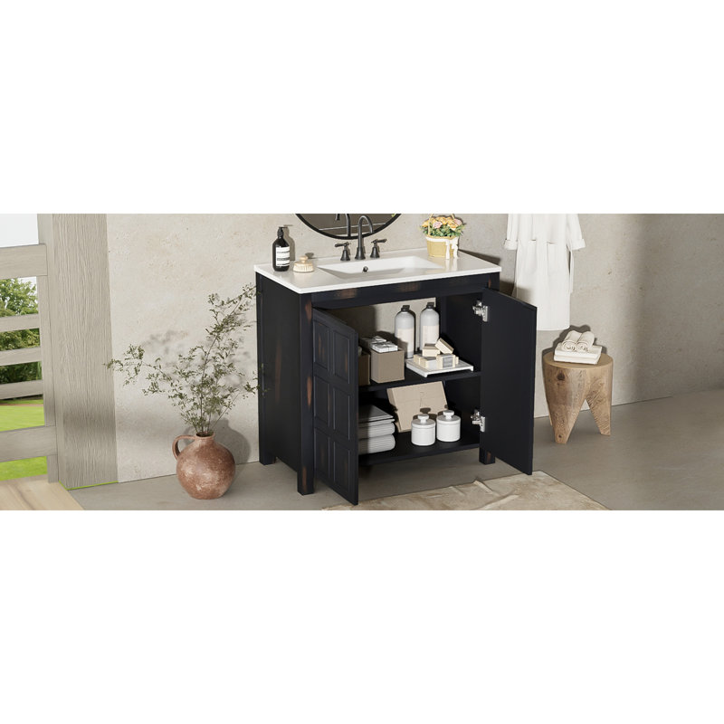 Organisateur de meuble-lavabo 36 po avec lavabo en céramique, ensemble de rangement pour salle de bain, espresso rétro
