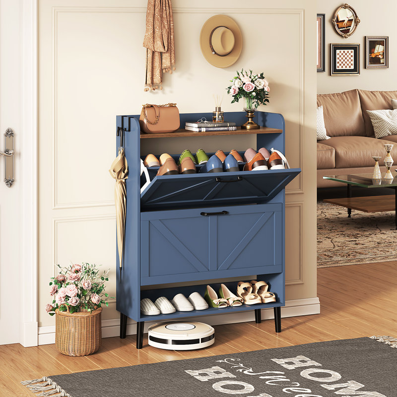 24 Pair Shoe Storage Cabinet,Free Standing Tipping Bucket Shoe Rack Organizer with 2 Flip Drawers, Navy Blue/Brown