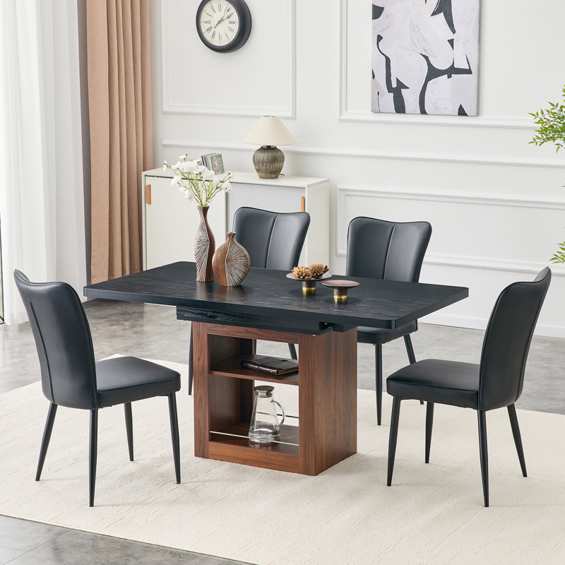 Table de salle à manger extensible et ensemble de chaises, table coulissante de 59 à 71 pouces, jumelée à 4 chaises en polyuréthane noir avec un motif à rayures verticales sur le dossier. Convient aux salles à manger, aux bureaux, etc.