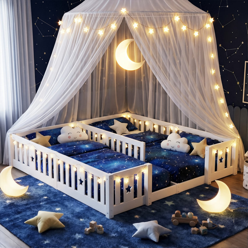 Solid Wood Montessori Floor Bed With Star Guardrails, For Two 90X200cm European Single Beds, Twin Kids Playpen Bed, 1, White