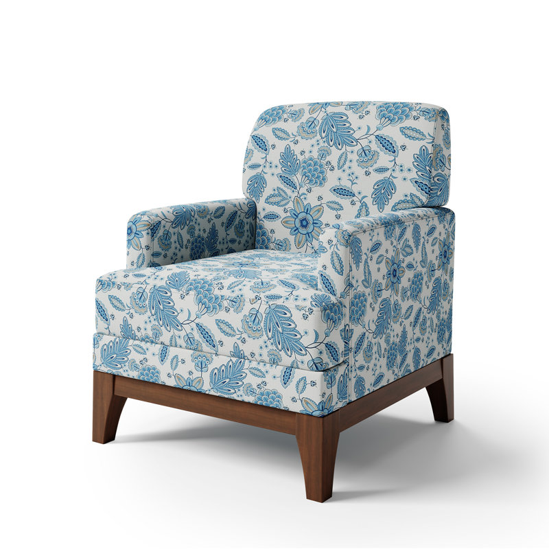 Traditional Floral Upholstered Armchair with Solid Wood Legs, Blue, 1