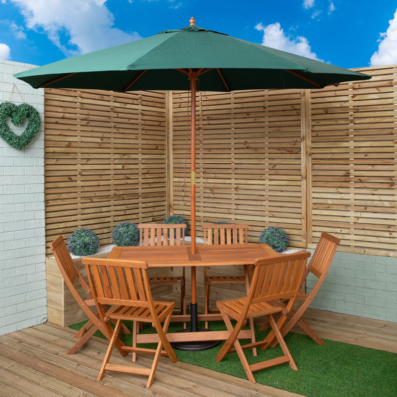 Gillian Outdoor Folding Wooden Garden Dining Table Chairs Parasol And Base Set, 73cm H x 135cm W x 75cm D, Green