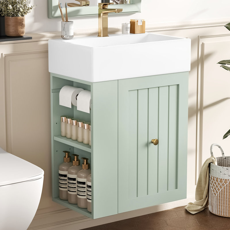 Meuble-lavabo moderne de 20 pouces avec lavabo en céramique, armoire de rangement, tiroir, tablette latérale et poignée dorée pour les petites salles de bain