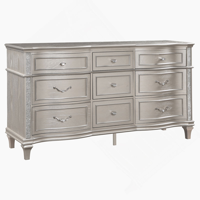 Commode à 9 tiroirs en chêne argenté avec plateau à bijoux amovible