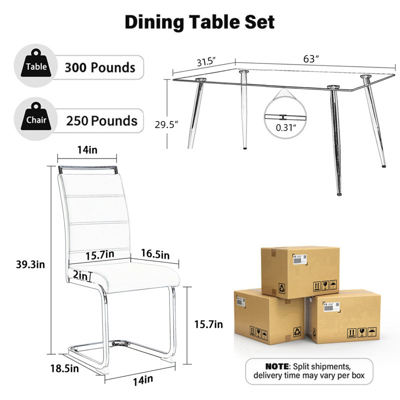 Ensemble de table de salle à manger rectangulaire en verre transparent avec chaises en polyuréthane 4/6, pieds en métal pour la salle à manger et la cuisine
