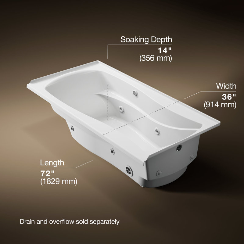 Mariposa 72" x 36" Drop in Whirlpool Bathtub, White, Right