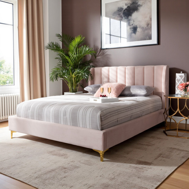 Lit plateforme grand capitonné Jacqeuline, Rose clair