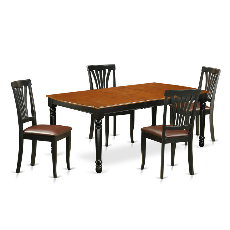 Ensemble de table de salle à manger 5 pièces moderne comprenant une table rectangulaire en bois avec feuille papillon et 4 chaises rembourrées en similicuir, noir et cerisier de 42 po x 78 po