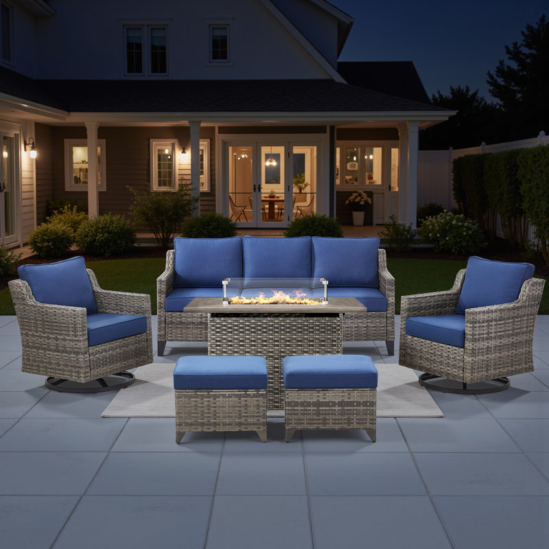 6 Pieces Patio Furniture Set With Gas Fire Pit Table, Outdoor Wicker Rattan Sofa W/Gas Fire Pit, All-Weather Sectional Conversation Sets, Ottoman