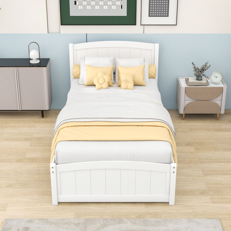 Lit plateforme simple en bois avec lit gigogne simple, Blanc