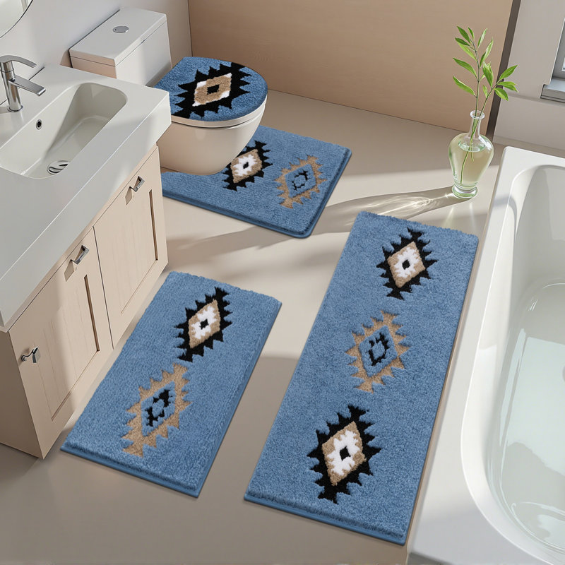 4 Piece Soft Absorbent Microfiber Bath Rug Set With Non-Slip Backing, Blue