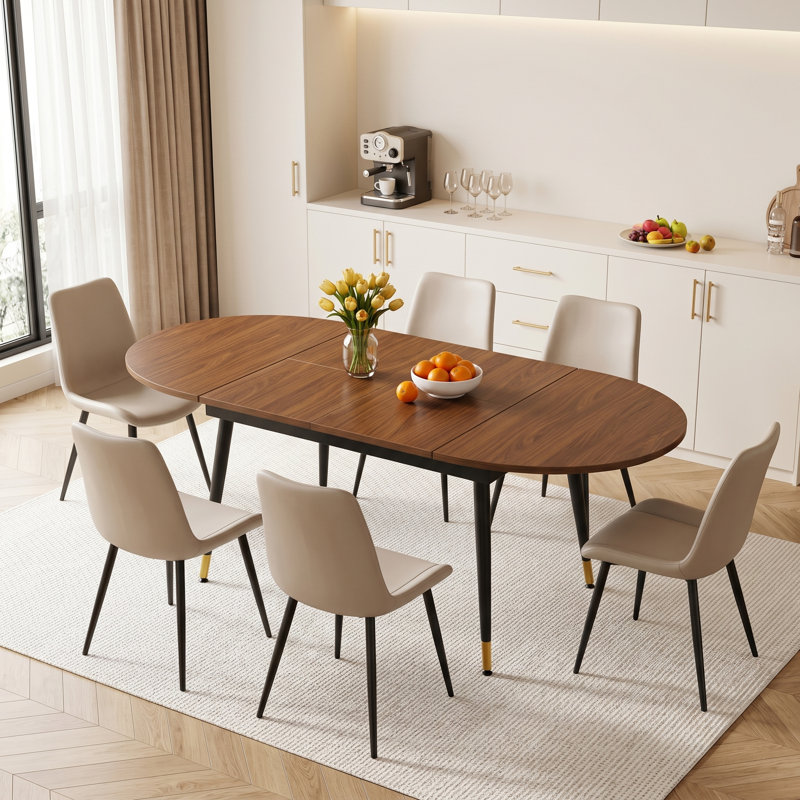 Modern Mid-Century 7-Piece Dining Set, 79" Oval Extendable With Upholstered Dining Chairs , Gray
