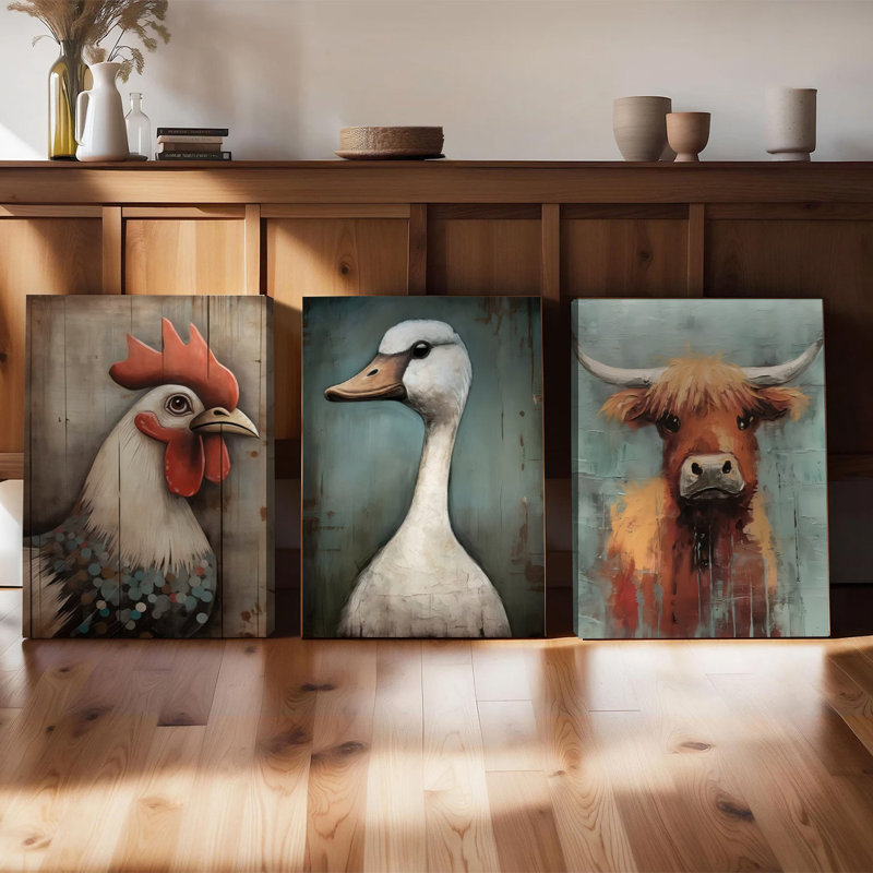 Ensemble de 3 affiches murales encadrées, ensemble de 3 peintures sur toile animaux de ferme - coq canard Highland