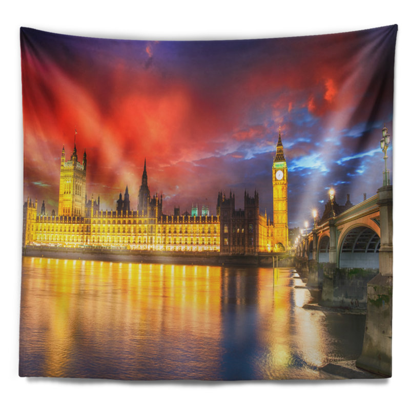 Tapisserie, paysage urbain, coucher de soleil, vue de Londres, H 68 po x l 80 po