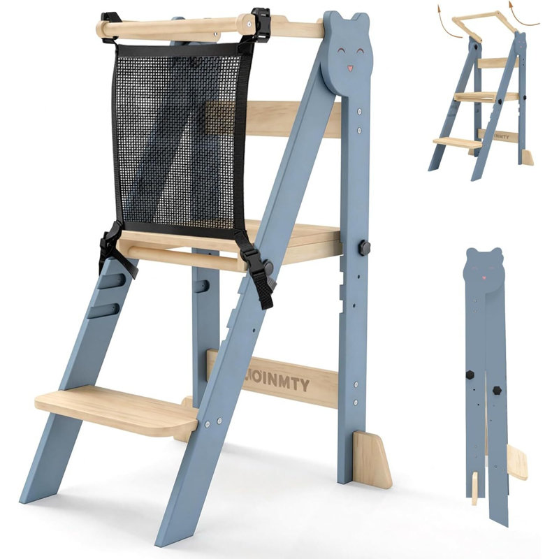 Tabouret de cuisine pliable pour tout-petit avec 3 hauteurs réglables et structure anti-basculement, Bleu