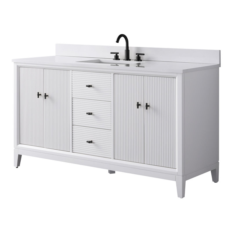 Ensemble de meuble-lavabo autoportant 60 po avec plateau en marbre Caldwell, Blanc Arabescato, Blanc, Noir mat