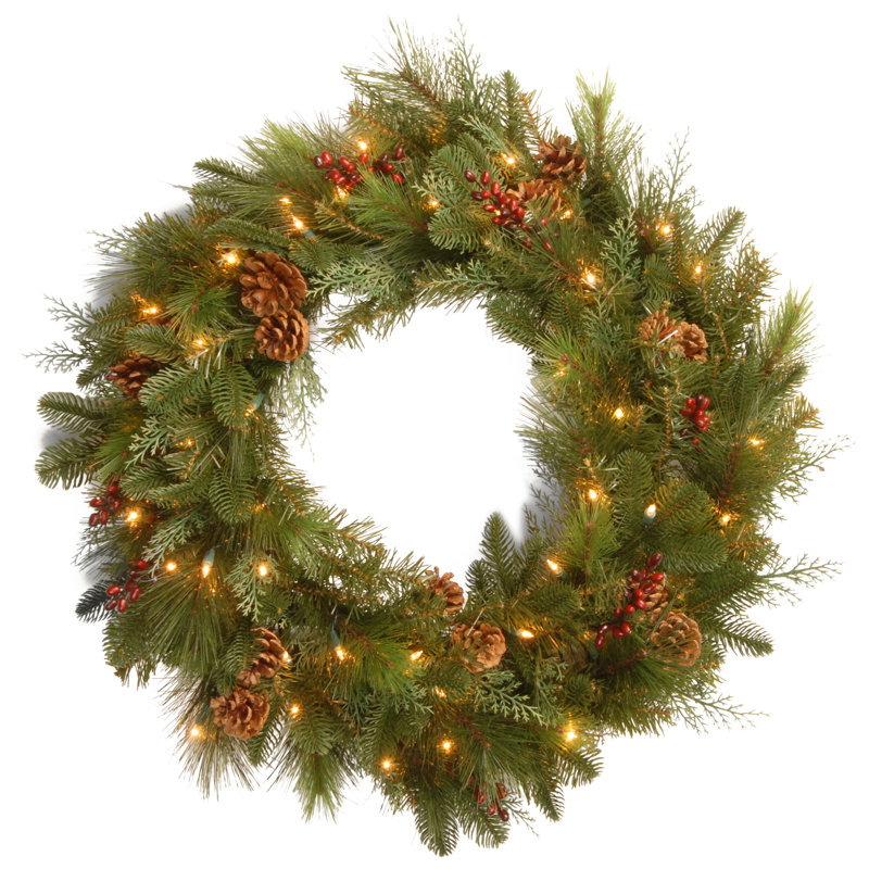 The Holiday Aisle® Decorative Collection Noble Mixed Wreath with Battery Operated LED Lights, 30" H x 30" W x 5" D