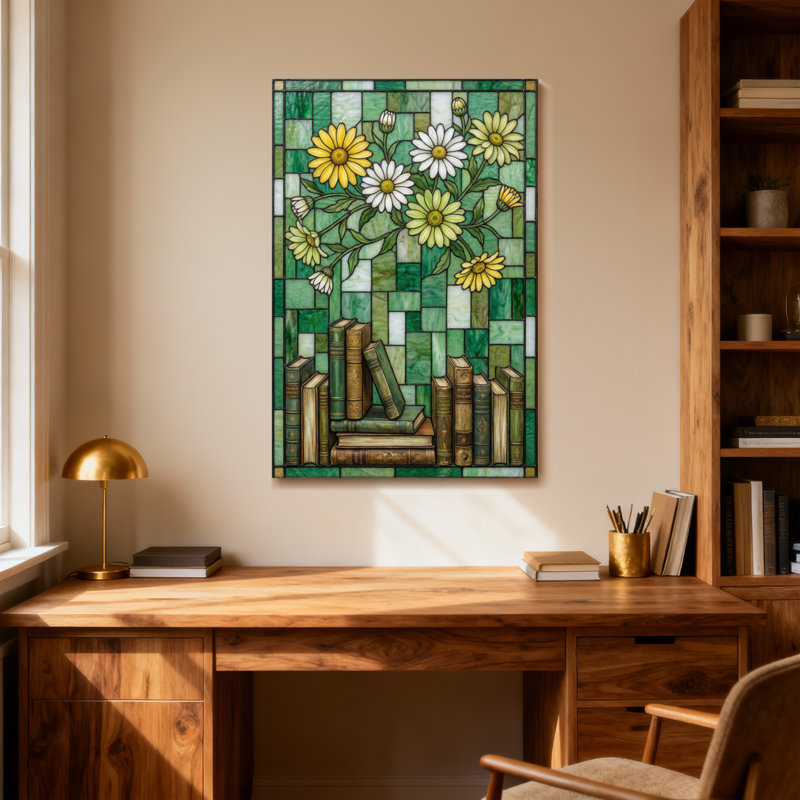 Plantes et fleurs, livres de fleurs en verre coloré sur fond vert, H 36 po x l 24 po