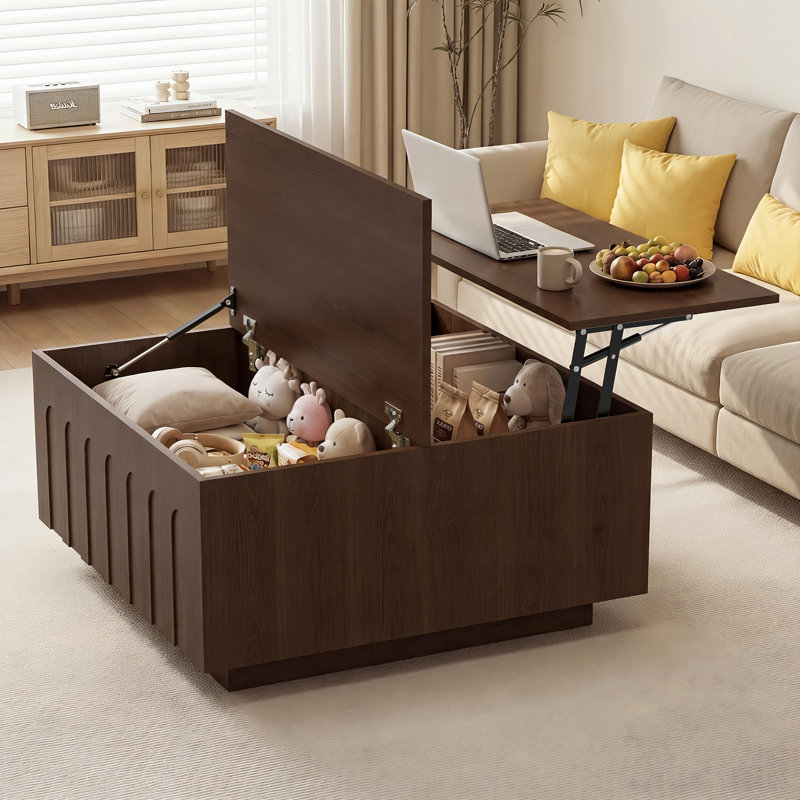 Lift Top Coffee Table With Storage For Living Room, Fluted Mid Century Modern Coffee Tables With Flip-up Lids, 31.5" Square Rustic Wood Center Table With Hidden Compartment , Brown