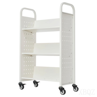 3-Tier Rolling Book Cart Single Sided V-Shaped Shelves Book Truck in White
