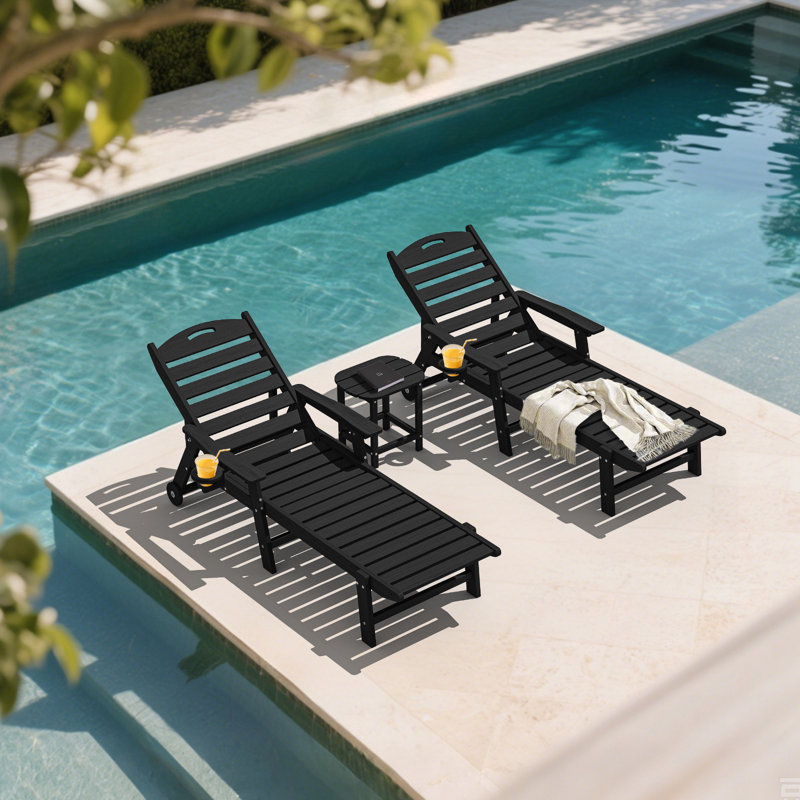 Oversized HDPE Chaise Lounges – Adjustable 5-Position Outdoor Recliners with Wheels & Cup Holders, Weather-Resistant for Patio, Pool, Garden