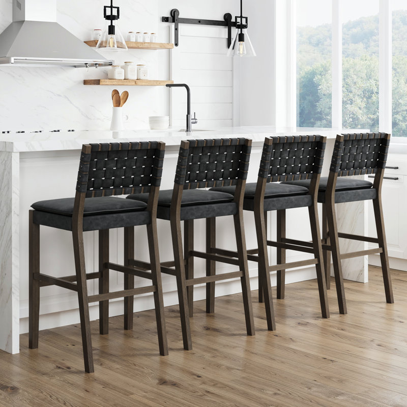 Tabouret de bar en suède tissé avec pieds en bois massif, ensemble de 4, Black Leather/Graphite Frame, 4