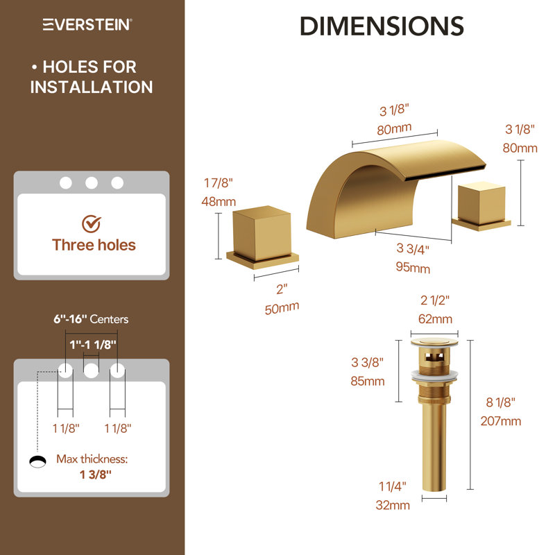 Robinet de salle de bain surdimensionné à 3 trous et 2 poignées avec évier cascade, Or brossé