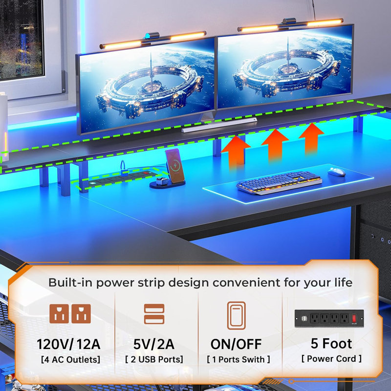 67" L Shaped Desk With Drawers, Computer Office Desk With Storage Shelves & Power Outlet, Reversible Gaming Desks With Led Lights For Home Office