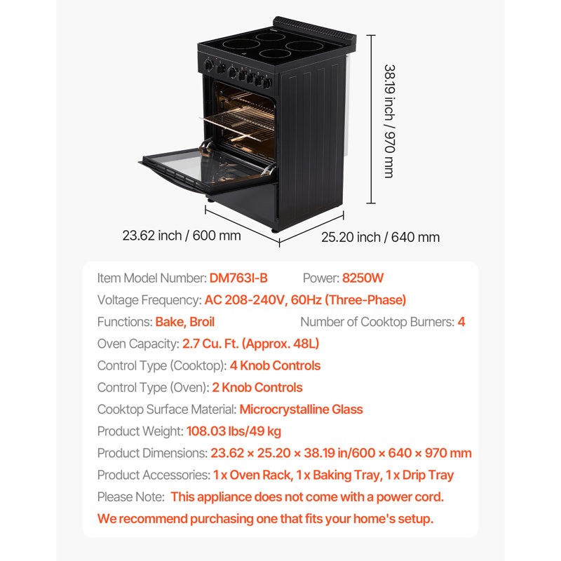 24 in Electric Range Oven 2.7 Cu. Ft. 4 Cooktop Burners Stainless Steel Body