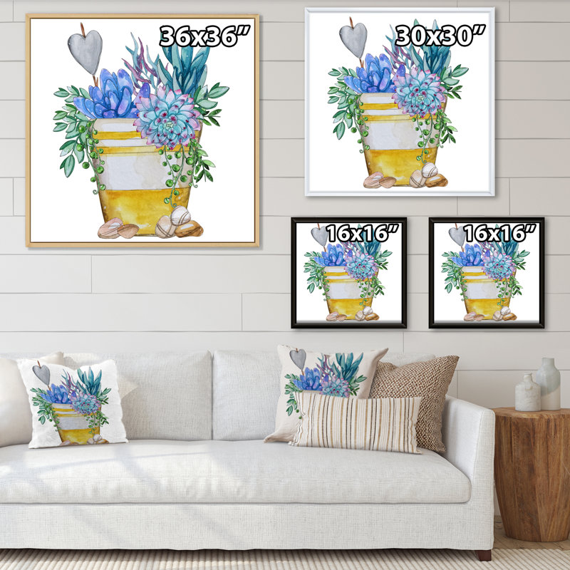 «Blue Succulent Plant Composition», impression sur toile, H 16 po x l 16 po x P 1 po, Cadre flottant noir