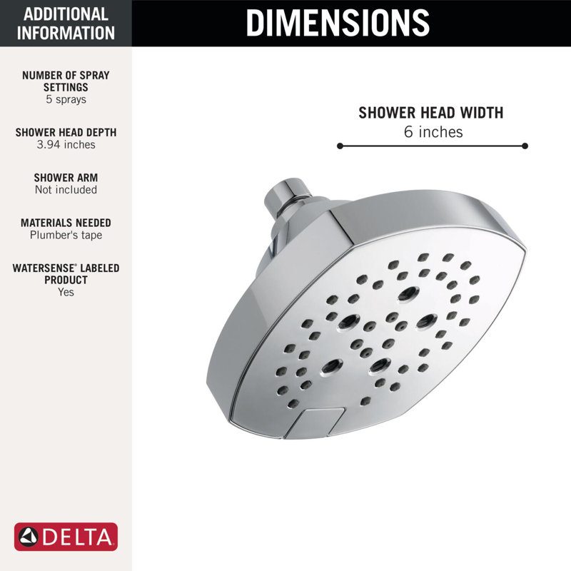 H2Okinetic 5-Setting Shower Head, Square Shower Head, Lumicoat  Chrome