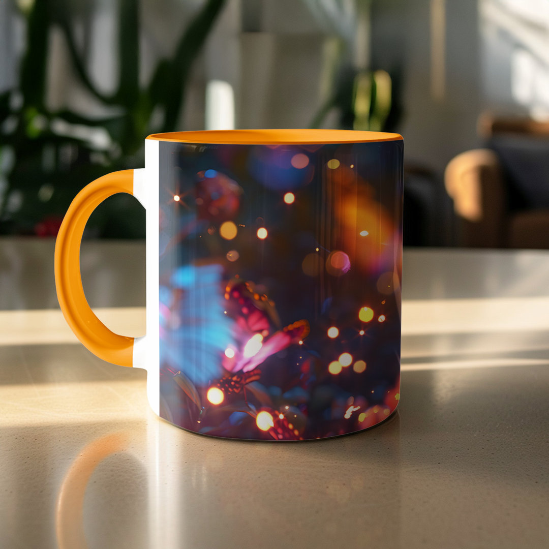 Set of 2 Butterfly Design 11oz Accent Mugs – White Ceramic Coffee Cup with an Orange Handle and Interior